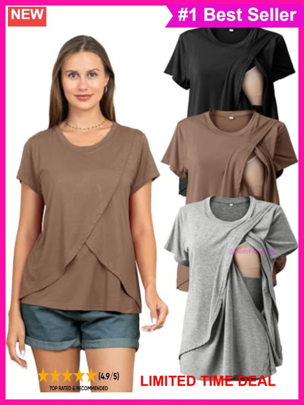 3 Pack Nursing Tops Maternity Breastfeeding Shirts Short Sleeve Double Layer